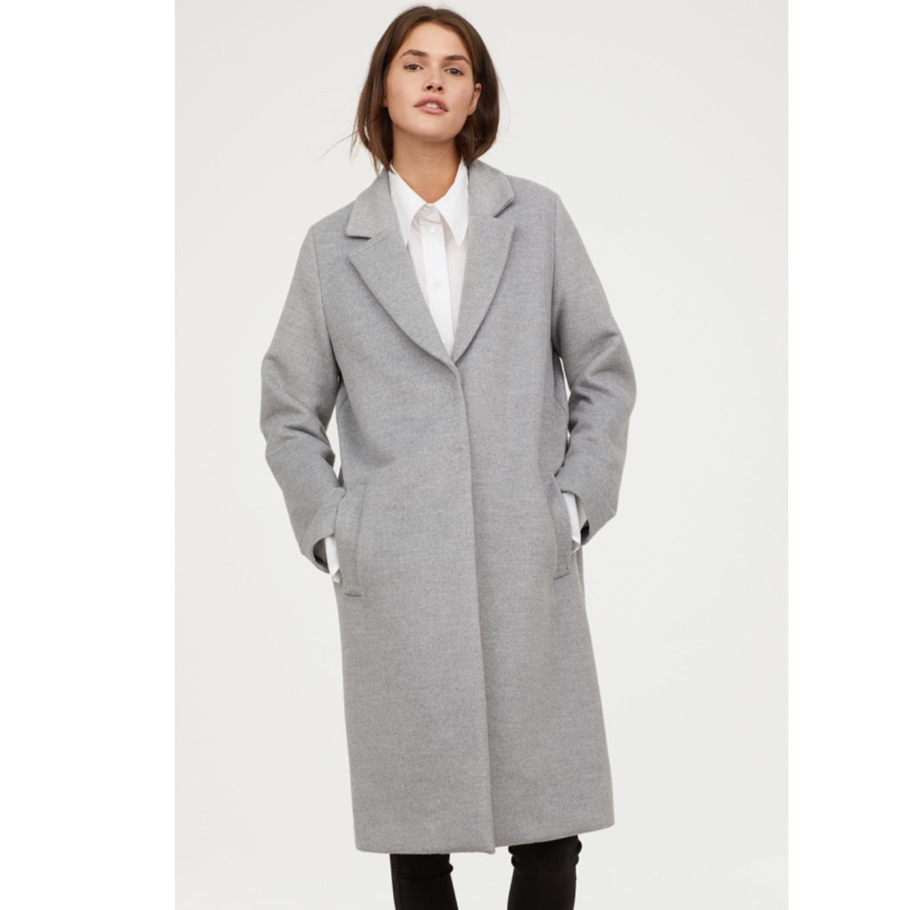 H&M Straight Cut Felted Coat /Jacket Light Gray Midi length SZ 2